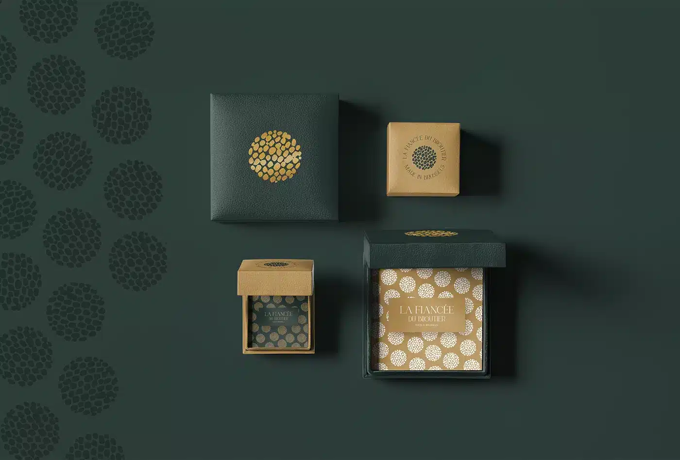 Moodboard des écrins avec la nouvelle identité graphique de La Fiancée du Bijoutier